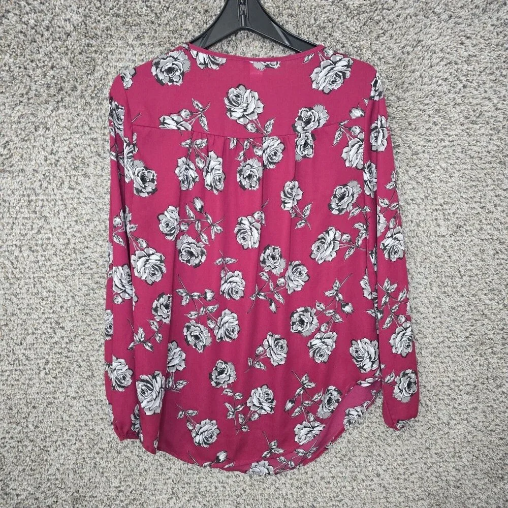 Torrid Top Womens 00 US 10 Burgundy Floral Print Semi Sheer Keyhole Neck‎ Blouse